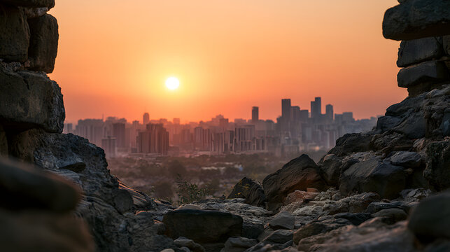 Ancient City Wall Ruins in Xian at Sunset with Warm Light and Scenic View