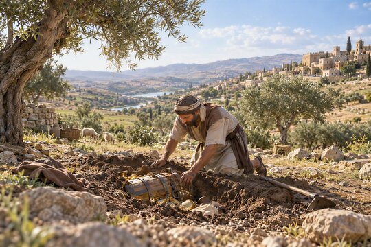 Ancient Near East Man Digging in Field, Uncovering Buried Treasure Chest, Biblical Parable of Discovery