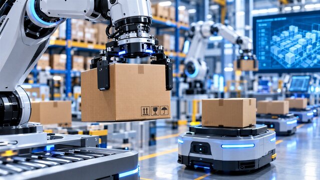 Automated Warehouse with Robotic Arms and AGVs Transporting Goods, Showcasing Future Logistics Technology and Industrial Efficiency.