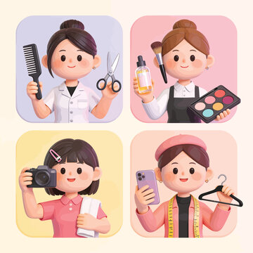 Diverse female professionals with tools for beauty fashion and art