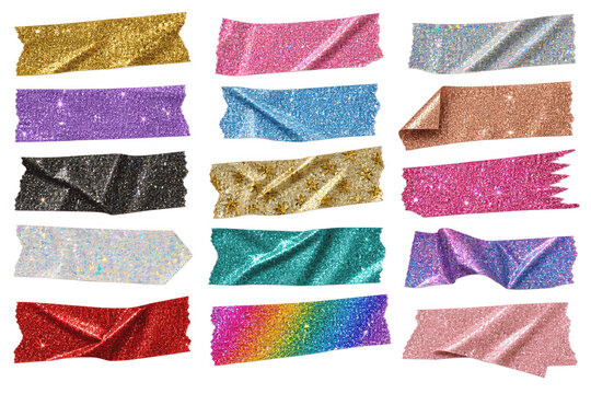 Collection of colorful glitter adhesive tape strips, shiny sparkle tape pieces on transparent background for scrapbooking, digital design, and social media branding