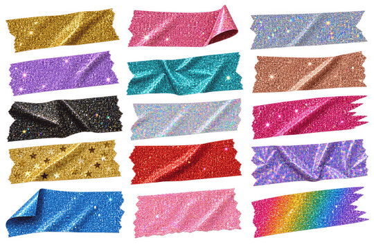 Collection of colorful glitter adhesive tape strips, shiny sparkling decorative paper tape set with holographic texture isolated on transparent background for creative graphic design projects