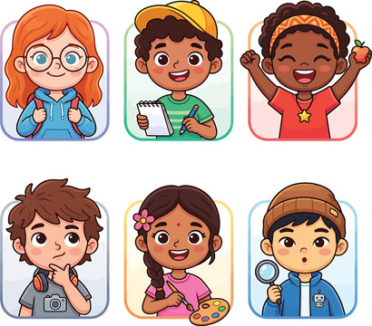 Diverse happy children characters in various activities set as icons