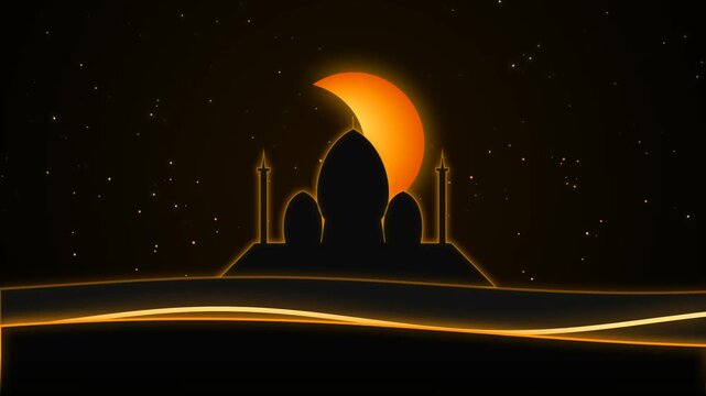 Silhouette of a mosque with domes and minarets in the desert under a glowing orange crescent moon and starry night sky 4k Motion Video