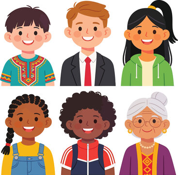 Diverse multi-ethnic people portraits smiling cartoon avatar icons.