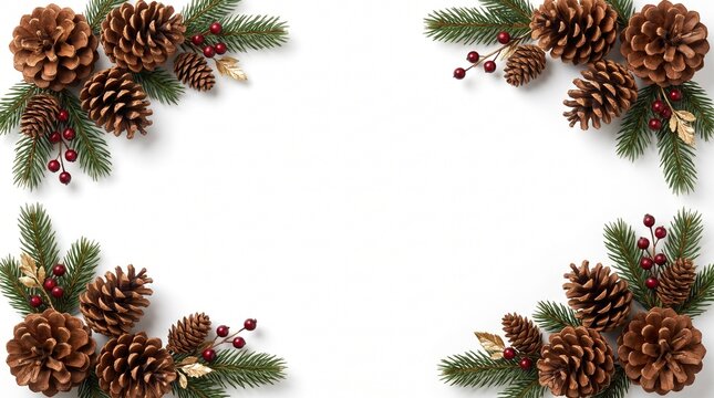 A beautiful christmas frame composed of pine cones berries and evergreen branches perfect for holiday greetings and designs