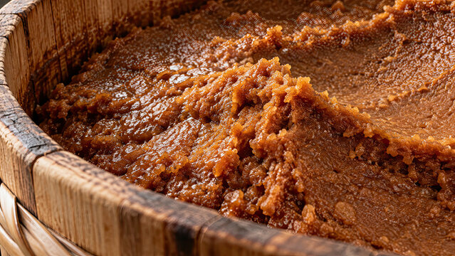 Gut health. Close-up of thick miso paste in a traditional wooden fermentation tub, grainy texture and rich color. Japanese fermented food tradition concept