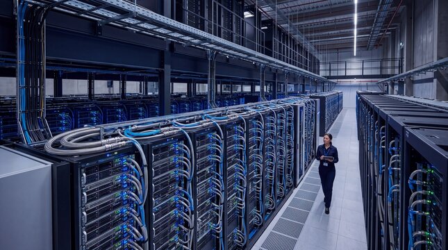 Modern data center with high performance server racks, advanced cooling system, and professional technician inspecting equipment for AI computing and cloud storage solutions