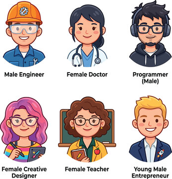 Diverse professional cartoon avatars representing modern careers engineer doctor programmer designer teacher entrepreneur vector illustration.