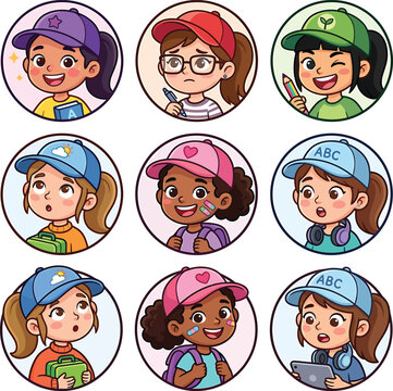 Diverse school children avatars set with caps backpacks and accessories