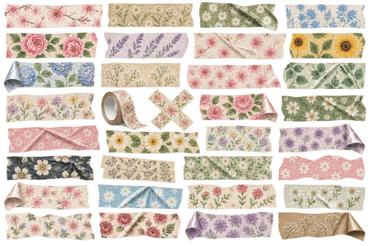 Collection of floral patterned washi tape strips, decorative adhesive tape rolls with vintage flower prints on isolated transparent background for scrapbooking, craft projects, and stationery design
