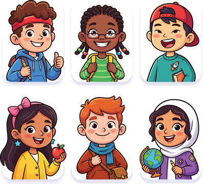Diverse school children avatars set. Cute multiracial students cartoon vector illustration.