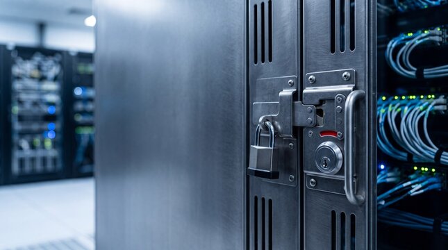 Secure server room with locked metal cabinet, network cables, and data center equipment, emphasizing cybersecurity, data protection, and restricted access in modern technology environment