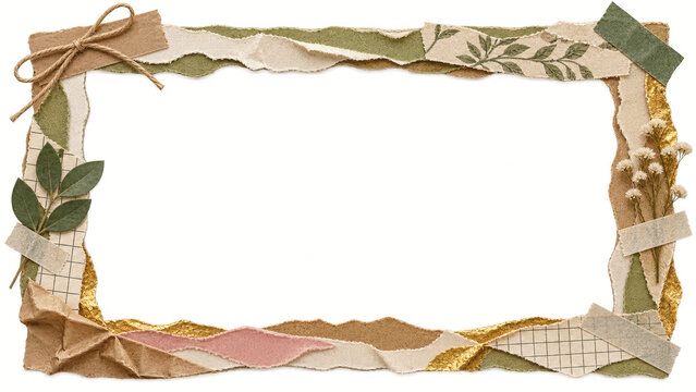Decorative border frame made of torn paper scraps, dried leaves and gold foil, isolated on white background for wedding invitations and scrapbooking designs