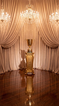 Golden trophy cup on ornate pedestal with elegant curtains and sparkling chandeliers in luxurious room