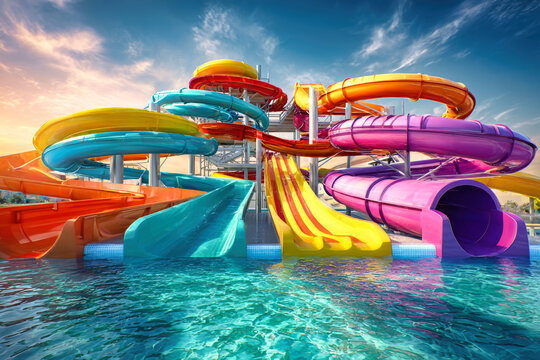 A water park scene features bright colored slides and water pipe