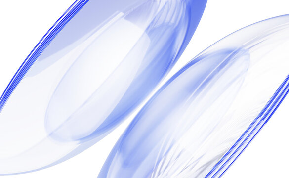 Transparent blue plastic discs on light background. Abstract glass curved 3D shapes, contact lenses. Glossy clear futuristic design for tech presentation, medical science projects