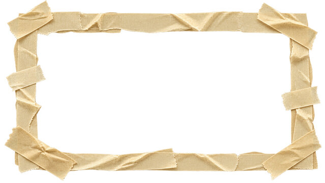 Rectangular frame made of beige masking tape strips, 3d render of adhesive tape border isolated on transparent background for creative photo collage and design projects