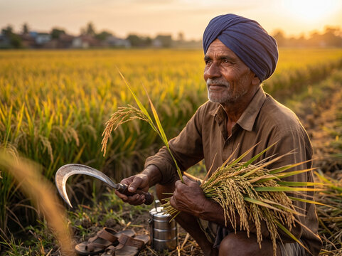 Indian farmer wearing turban harvesting rice crop with sickle in golden paddy field at sunset