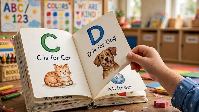 A child enthusiastically turns the pages of an illustrated ABC flipbook, learning letters with animal examples like cat and dog in a vibrant classroom setting.