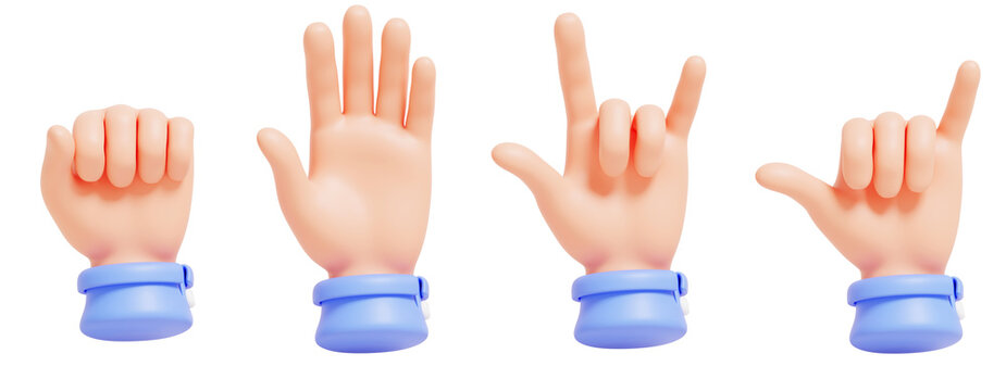 3D cartoon hand gesture collection - open welcoming palm, high five, call me, raised fist, rock and shaka sign. Business character arms with blue cuff. Body language and communication