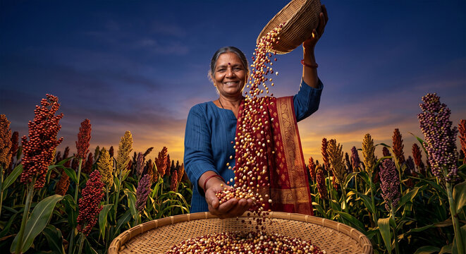 Indian farmer woman pouring sorghum grains from winnowing basket in colorful millet field at sunset