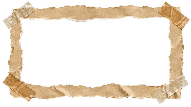 Torn kraft paper frame with adhesive tape strips, rustic brown cardboard border on white background for scrapbook, invitation design, and photo display
