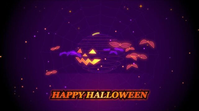 Happy halloween greeting card with glowing neon pumpkin face and flying bats on a dark purple background with sparkling stars for a spooky holiday celebration design 4k Motion Video