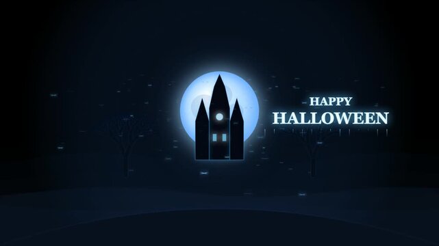Happy halloween greeting card with a dark spooky castle silhouette under a glowing full moon in a starry night sky 4k Motion Video