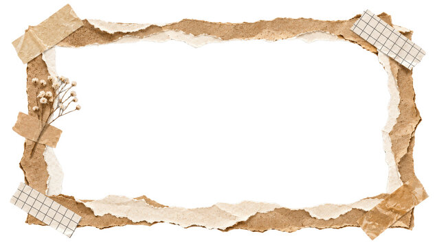 Torn brown kraft paper frame with adhesive tape and dried flowers, decorative border element on a white background for scrapbooking, social media posts, and branding designs