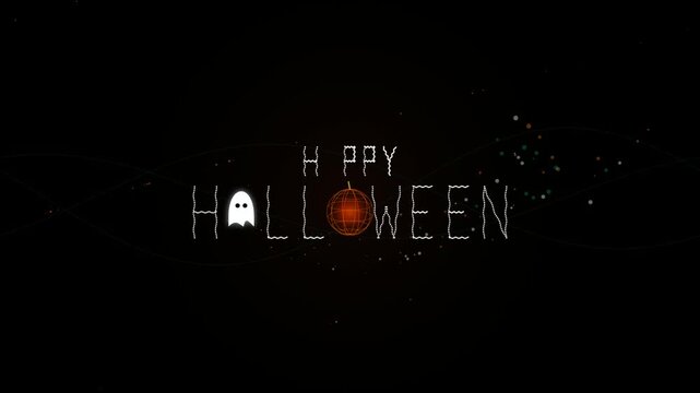 Happy halloween greeting card design with a spooky white ghost and a glowing red pumpkin silhouette on a dark black background with subtle dust particles and texture 4k Motion Video