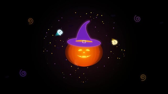 Cute glowing halloween pumpkin wearing a purple witch hat with small flying ghosts and magical sparkles on a dark background 4k Motion Video
