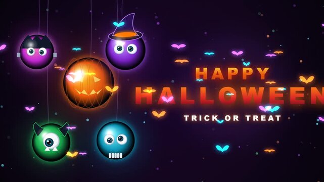 Happy halloween greeting card with glowing cartoon monsters and a pumpkin on a dark purple background with small bats and text saying trick or treat 4k Motion Video