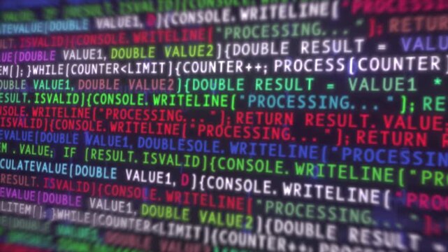 Dynamic Software Coding Background Animation on computer Screen. Technology concept.