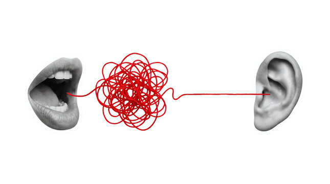 Composition of an open mouth sending a tangled red line toward a grayscale ear, symbolizing unclear messages, misunderstanding and communication barriers, isolated on a transparent background.