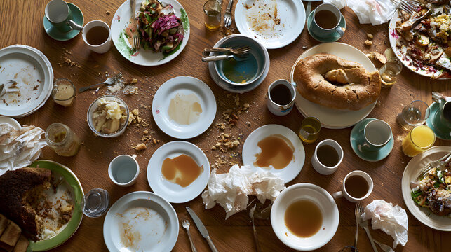 Messy Breakfast Table After Shared Meal