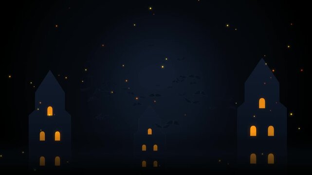 Silhouette of dark houses with glowing yellow windows at night under a starry sky with flying bats for a spooky halloween background scene 4k Motion Video
