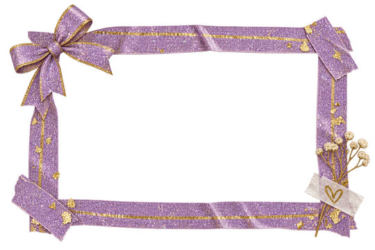 Purple glitter ribbon frame with gold accents and bow, decorative border for greeting cards, wedding invitations, and scrapbooking projects isolated on transparent background