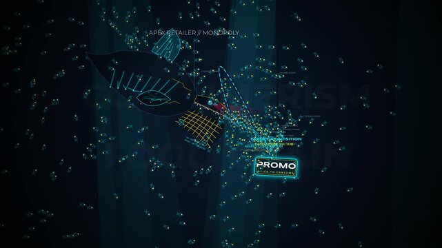 Abstract animation of a consumerism food chain concept showing a giant digital fish representing an apex retailer monopoly consuming smaller targets via promotional impulse buy vectors and saturation
