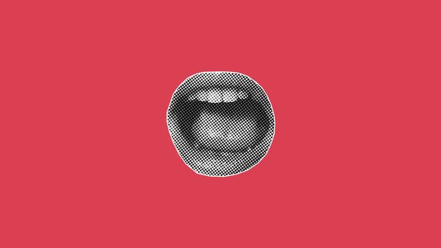 Mouth opening and closing from closed lips to a scream in a stop motion animation on a pink background, halftone pop art style.
