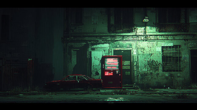 Retro pixel art old car vending machine night urban street neon light grunge wall moody abandoned building rain soaked pavement create nostalgic and mysterious atmosphere this high resolution
