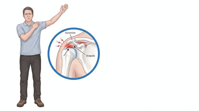 Man experiencing shoulder pain with anatomical illustration showing acromion and scapula