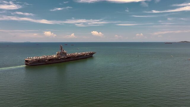 Aerial view nuclear powered aircraft carrier, USA navy ship carrier airplane fighter jet aircraft army navy nuclear ship carrier full fighter jet aircraft technology of battleship.