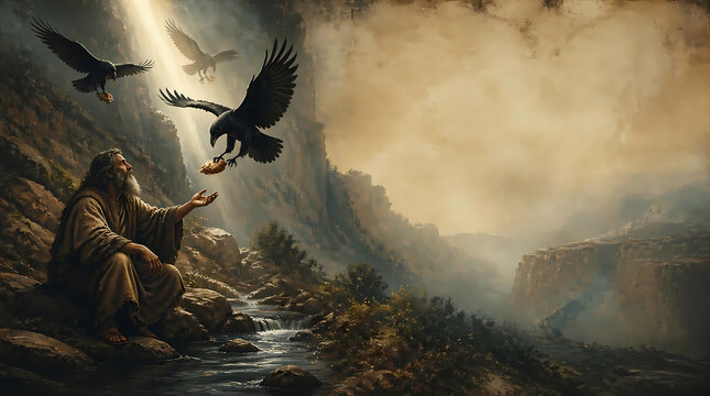 Biblical prophet Elijah being fed by ravens beside a brook in a dramatic landscape