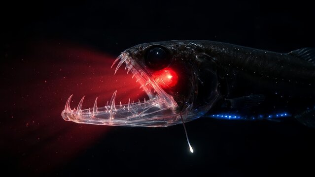 Bioluminescent Deep Sea Dragonfish Swimming in Dark Ocean