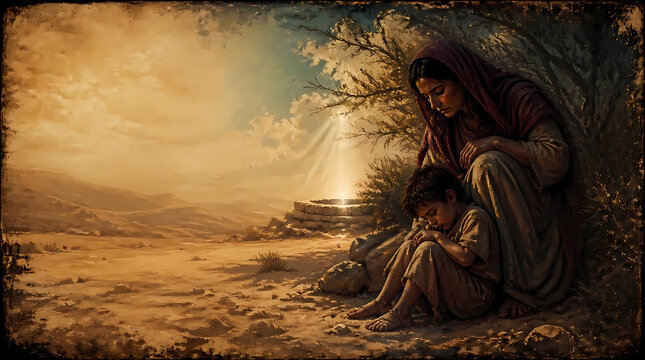 Biblical scene of a mother and child resting in a desert landscape with warm sunset lighting and copy space