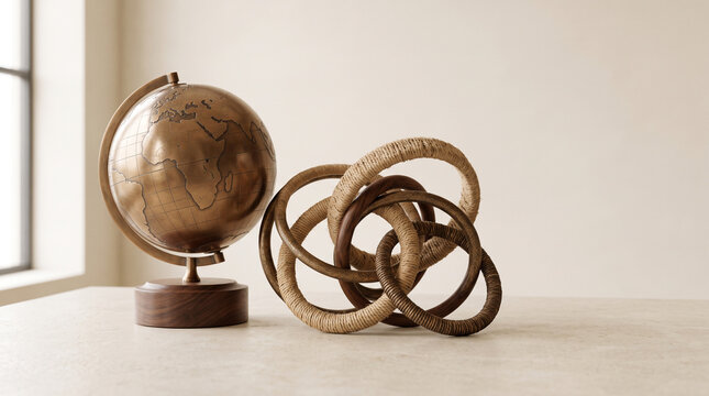 Bronze globe and woven decorative rings on white table
