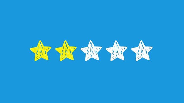 A row of five hand-drawn scribble stars gradually turns yellow one by one to show an increasing rating on a blue background, doodle sketch style loop animation, customer review concept.