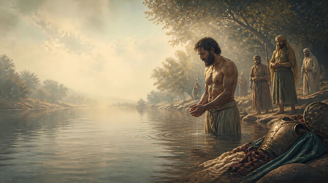 Biblical man washing in a river with onlookers in a cinematic landscape