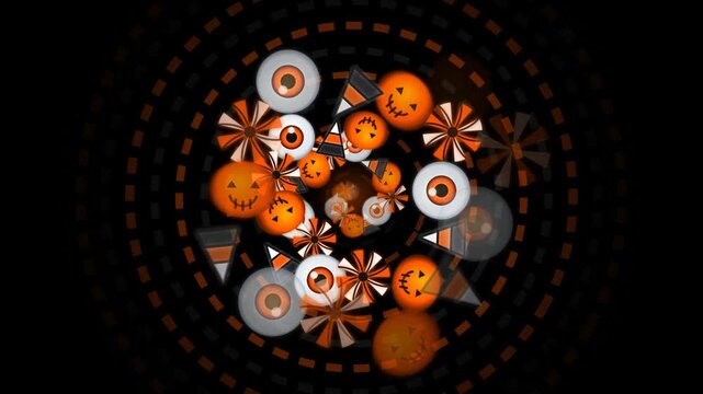 Fun halloween pattern with spooky pumpkins eyeballs and candy corn on black background 4k Motion Video